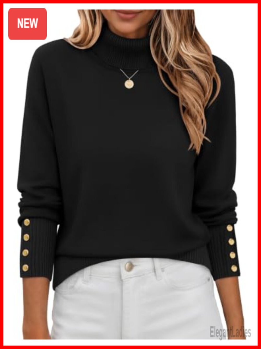 Turtleneck Sweater Ribbed Long Sleeve Pullover Button Cuff Knit Top